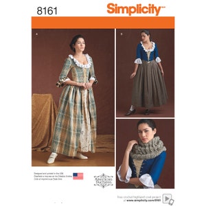 May include: Simplicity sewing pattern number 8161 for a historical costume. The pattern includes three different looks: a plaid dress with a ruffled neckline, a blue bodice with a brown skirt, and a blue bodice with a brown skirt and a crocheted cowl.