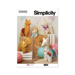 May include: Simplicity sewing pattern S9666 for making five plush toys: a horse, a deer, a bunny, a llama, and a pig. The toys are all made with fabric and have embroidered details. The pattern is designed and printed in the USA.