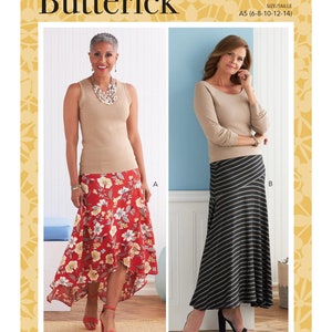May include: Two women modeling two different skirts. The woman on the left is wearing a red floral print skirt with a high-low hemline. The woman on the right is wearing a black and white striped skirt. Both women are wearing beige sleeveless tops. The pattern on the fabric is a stripe pattern. The image includes the text "B6818" and "A5 (6-8-10-12-14)".