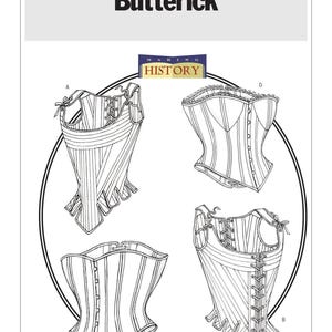 May include: A black and white line drawing of four different corset styles. The drawing is labeled with the letters A, B, C, and D. The drawing is titled "Butterick Making History".