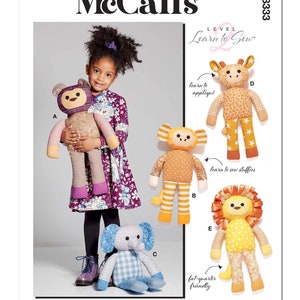 May include: Sewing pattern for five stuffed animal toys: a bear, a monkey, a giraffe, an elephant, and a lion. The pattern includes instructions for appliqué and sewing stuffed toys. The pattern is fat-quarter friendly and designed and printed in the USA.