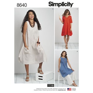 May include: Simplicity sewing pattern number 8640 for a sleeveless, loose-fitting dress with pockets. The pattern includes three variations: a white dress, a red dress with short sleeves, and a blue dress with a sleeveless top and white pants.