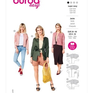 May include: A sewing pattern for a jacket with three different styling options. The pattern is labeled "burda easy" and includes instructions for sizes US 8-18. The pattern is labeled "Step by Step" and includes a diagram of the jacket.