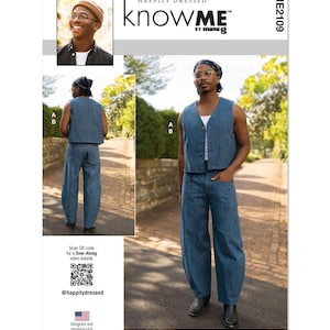 May include: A sewing pattern for a denim vest and pants. The pattern is called "knowME" by mimig. The pattern includes a QR code for a sew-along video tutorial. The pattern is designed and printed in the USA.