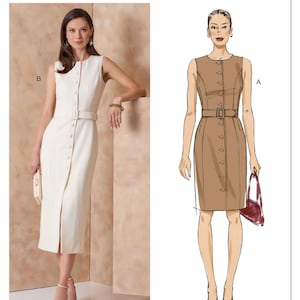 May include: Vogue Patterns dressmaking pattern. The image shows a woman wearing a sleeveless, button-down, midi-length dress with a belt. The dress is white. The pattern also shows a drawing of a similar dress in brown. The Vogue Patterns logo is at the top.