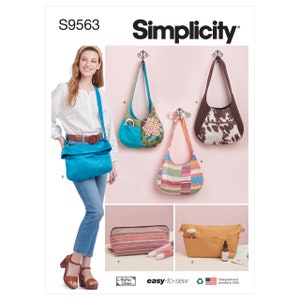 May include: Simplicity sewing pattern S9563 for making four different bags. The pattern includes instructions for a large blue shoulder bag, a smaller turquoise and floral shoulder bag, a brown and white cow print shoulder bag, a multi-colored striped shoulder bag, a striped cosmetic bag, and a mustard yellow cosmetic bag.