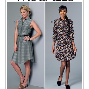 May include: McCall's sewing pattern M7380 featuring two dress designs. One is a sleeveless gray dress with a black belt. The other is a long-sleeve dress with a black background and a colorful cloud pattern. Designed by Melissa Watson.