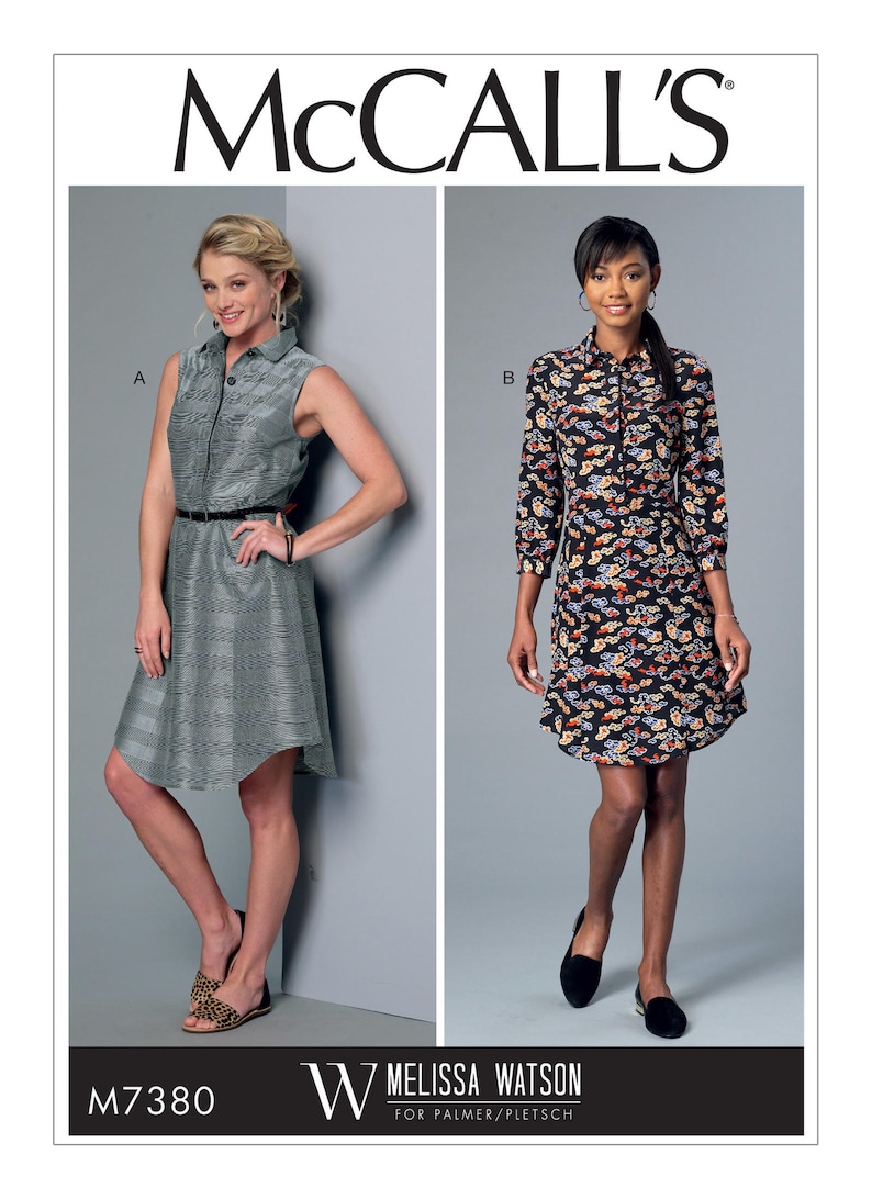 May include: McCall's sewing pattern M7380 featuring two dress designs. One is a sleeveless gray dress with a black belt. The other is a long-sleeve dress with a black background and a colorful cloud pattern. Designed by Melissa Watson.