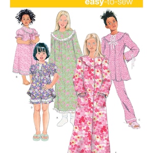 May include: Simplicity easy-to-sew pattern 1571 for girls' sleepwear. The pattern includes a long-sleeved nightgown with a floral print, a short-sleeved nightgown with a floral print, and a pair of pajamas with a pink and white floral print.