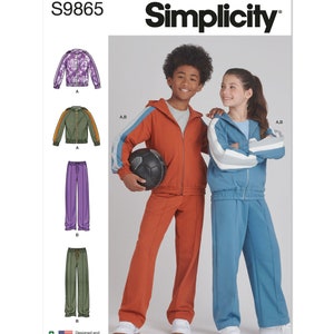 May include: Simplicity sewing pattern S9865 for a hooded sweatshirt and sweatpants. The pattern includes two different styles of sweatshirts and two different styles of sweatpants. The model is wearing a red hooded sweatshirt and sweatpants, and the other model is wearing a blue hooded sweatshirt and sweatpants.