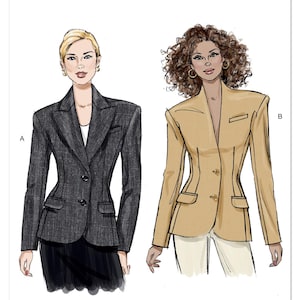 May include: Vogue Patterns sewing pattern featuring two jacket designs. One is a dark gray blazer with a two-button closure, and the other is a tan blazer with a single-button closure. The Vogue Patterns logo is at the top.