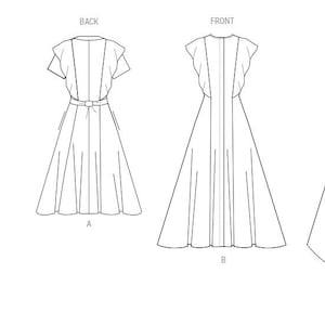 Puede incluir: Dibujo de l&iacute;nea de un patr&oacute;n de vestido con dos variaciones. La primera variaci&oacute;n tiene un cuello y mangas cortas. La segunda variaci&oacute;n tiene un cuello en V y mangas cortas. Ambas variaciones tienen un corpi&ntilde;o ajustado y una falda completa.