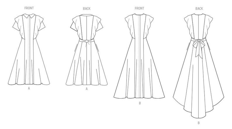 Puede incluir: Dibujo de l&iacute;nea de un patr&oacute;n de vestido con dos variaciones. La primera variaci&oacute;n tiene un cuello y mangas cortas. La segunda variaci&oacute;n tiene un cuello en V y mangas cortas. Ambas variaciones tienen un corpi&ntilde;o ajustado y una falda completa.