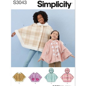 May include: Simplicity sewing pattern S3043 for girls' capes. The pattern includes four different styles: a plaid cape with a fur trim, a pink cape with toggle closures, a solid green cape with a hood, and a plaid cape with a hood. The pattern is labeled "easy-to-sew".