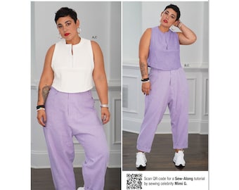 May include: A sewing pattern for a sleeveless top and wide-leg pants. The pattern is from Simplicity and is designed by Mimi G. The pattern is for sizes 14-28 and is available in sizes A, B, and C.