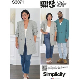 May include: A Simplicity sewing pattern featuring a gray double-breasted blazer. The image includes the text "S3071", "mig A DIY & LIFESTYLE BRAND", and "Simplicity". The pattern is designed and printed in the USA. The image also shows a woman and a man wearing blazers.