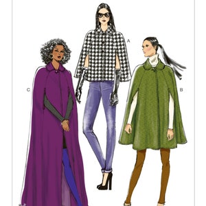 May include: A sewing pattern for three different capes. The first cape is black and white checkered, the second is green, and the third is purple. The pattern is labeled "V8959 VERY EASY VOGUE".