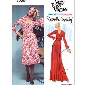 May include: A vintage sewing pattern for a wrap dress, designed by Diane Von Furstenberg. The pattern is for a long-sleeved dress with a V-neckline and a wrap closure. The pattern is available in two lengths: a knee-length dress and a maxi dress. The pattern is printed in red and white.