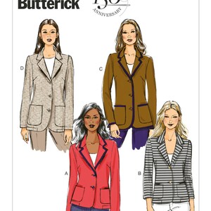 May include: A sewing pattern for a blazer with four different variations. The pattern is from Butterick and has the number B5926 on it. The pattern shows four different women wearing the blazer in different colors and fabrics.