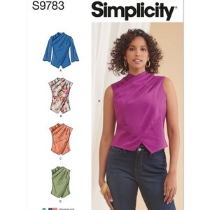 May include: Simplicity sewing pattern S9783 for a sleeveless top with a draped neckline. The pattern includes four different views: a blue top, a floral print top, a red and white patterned top, and a green top. The model is wearing the magenta top.