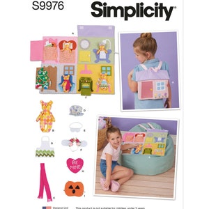 May include: Simplicity pattern S9976 featuring a variety of children's sewing projects. Includes a house-shaped backpack, a teddy bear, an apron, a scarf, a heart-shaped item with "BE MINE" text, and a pumpkin-shaped item. Designed and printed in the USA.