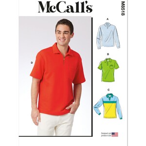 May include: A sewing pattern for a men's shirt with a zippered collar. The pattern includes four different styles: a long-sleeved striped shirt, a short-sleeved green shirt, a long-sleeved shirt with a color block design, and a short-sleeved red shirt. The pattern is from McCall's and the pattern number is M8518.