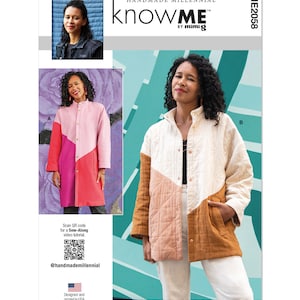 May include: A sewing pattern for a quilted jacket with a geometric color block design. The pattern includes two versions: a long jacket with a pink, red, and white color block design and a shorter jacket with a white, peach, and brown color block design. The pattern is called "knowME" by mimig and is for handmade millennial sewing projects.