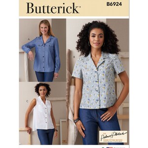 May include: A sewing pattern for a collared shirt with three different sleeve options: long sleeves, short sleeves, and sleeveless. The pattern is from Butterick and includes the Palmer Pletsch tissue fitting method. The pattern number is B6924.
