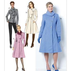 May include: A Butterick sewing pattern featuring illustrations of women's coats. The coats are in various styles and colors, including a light blue coat with a unique collar, a gray jacket, and a pink coat. The pattern number is B6497.