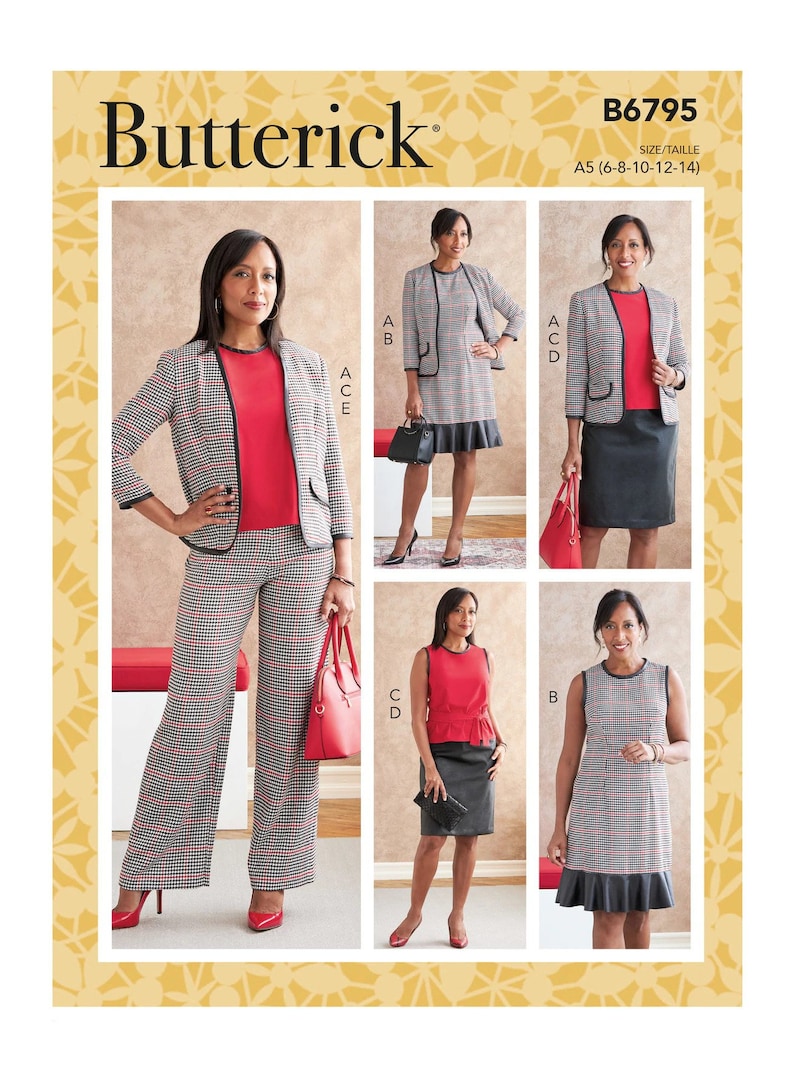 May include: A sewing pattern for a women's dress and jacket. The pattern features a black and white plaid fabric with red accents. The pattern is for sizes 6-8-10-12-14. The pattern is from Butterick and has the number B6795.