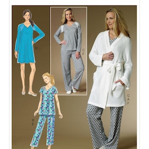 May include: A sewing pattern for women's pajamas and a robe. The pattern includes a long-sleeved nightgown, a top and pants set, and a robe with a tie belt. The pattern is from Butterick and the pattern number is B6428.