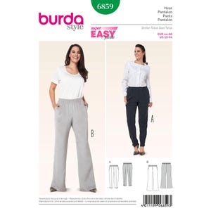 May include: Burda Style sewing pattern number 6859 for pants. The pattern includes instructions for making two different styles of pants: a wide-leg style and a slim-fitting style. The pattern is for sizes EUR 44-60 and US 18-34.