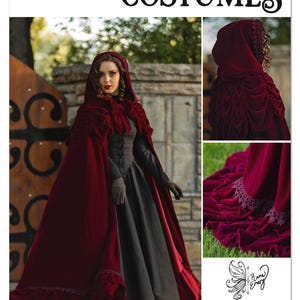May include: A Simplicity costume pattern featuring a woman in a burgundy velvet hooded cape and a gray dress. The cape has a ruffled design and lace trim. The image includes a close-up of the cape's details and the text "COSTUMES".