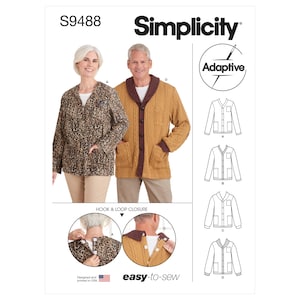 May include: Simplicity sewing pattern S9488 for a cardigan with hook and loop closure. The pattern includes four different views of the cardigan, with a close-up of the hook and loop closure.