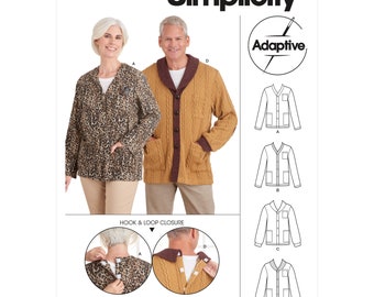 May include: Simplicity sewing pattern S9488 for a cardigan with hook and loop closure. The pattern includes four different views of the cardigan, with a close-up of the hook and loop closure.