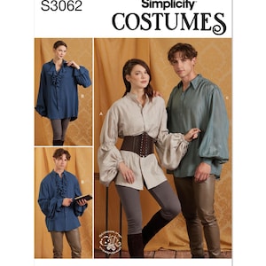 May include: Simplicity Costumes sewing pattern S3062 for a shirt with a ruffled collar and long sleeves. The pattern includes three different views: a blue shirt, a beige shirt, and a teal shirt. The pattern is shown on two models, one female and one male.