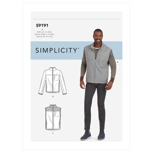 May include: A Simplicity sewing pattern for a jacket and vest. The pattern is for sizes S-XXL. The image shows a man wearing the vest and a line drawing of the jacket and vest.