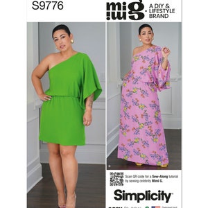May include: A sewing pattern for a one-shoulder dress with a gathered waist. The pattern is for sizes XS-XL and includes instructions for both a short and long version of the dress. The pattern is from Simplicity and is easy to sew. The pattern is shown on a model wearing a green dress and a pink floral dress.