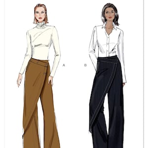 May include: Vogue Patterns V2138. Illustration of two women wearing stylish wrap-style pants. One model wears brown pants with a white turtleneck, the other wears navy pinstripe pants with a white button-down shirt. The Vogue Patterns logo is at the top.