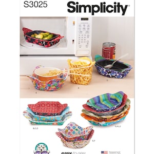May include: Simplicity sewing pattern S3025 featuring various microwave bowl cozies. The image shows several fabric bowl cozies in different colors and patterns, including red cherries, blue florals, and colorful stripes. The pattern is designed and printed in the USA.