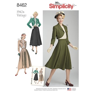 May include: Simplicity pattern 8462, a vintage 1940s design. The image shows illustrations of a skirt suit with a jacket and a flared skirt. The pattern includes multiple views, with a green suit and a tan suit. The Simplicity logo is visible.