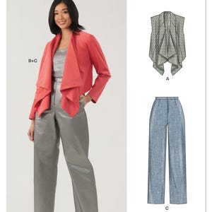 May include: A woman wearing a coral-colored jacket and gray pants. The jacket has a draped design, and the pants are wide-legged. The image also shows illustrations of a gray draped top and blue wide-leg pants. The text "NEWLOOK" and "N6817" are visible.