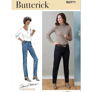 May include: Butterick sewing pattern B6911 features illustrations of women's clothing. One illustration shows a woman in a white top and jeans, and the other shows a woman in a turtleneck and jeans. The Palmer Pletsch Tissue Fitting Method is also featured.