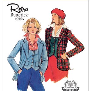 May include: Butterick Retro 1970s sewing pattern. The image shows two women wearing vintage outfits. One is in a blue blazer and pants, the other in a plaid jacket and red skirt. The pattern includes size options and cutting layouts.