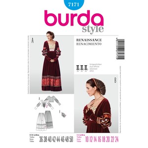 May include: Burda Style sewing pattern number 7171 for a Renaissance-style dress and headdress. The pattern includes instructions for sizes 36 to 50 (US sizes 10 to 24).