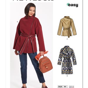 May include: A sewing pattern for a wrap jacket with a self-tie belt. The pattern is from New Look and is labeled N6742 easy. The pattern includes three different views: a short jacket with a red fabric, a short jacket with a brown fabric, and a long jacket with a blue and yellow patterned fabric.