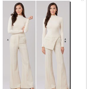 May include: McCall's M8632 sewing pattern featuring two views of a woman's outfit. The outfit includes a cream-colored, long-sleeved top with a high neckline and flared pants. One view has a wrap-around detail. Designed and printed in the USA.