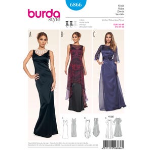 May include: A sewing pattern for three different dress styles. The pattern is for sizes 10-22 and includes instructions for a black, a red and black, and a blue dress.