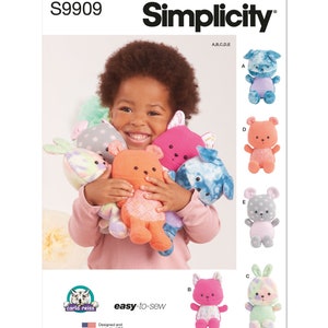 May include: A Simplicity sewing pattern for making five plush toys. The pattern includes a bear, a bunny, a cat, a dog, and a mouse. The pattern is easy to sew and is designed and printed in the USA.