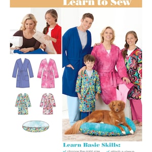 May include: A Simplicity Learn to Sew pattern for making robes. The pattern includes instructions for making robes for adults and children. The pattern also includes instructions for making a dog bed. The pattern is for sewing project number 1946.